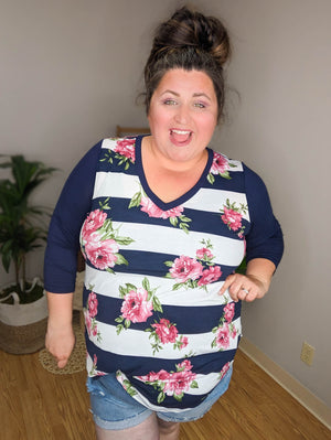 SALE- Nautical Blossom Stripe and Floral Raglan Top