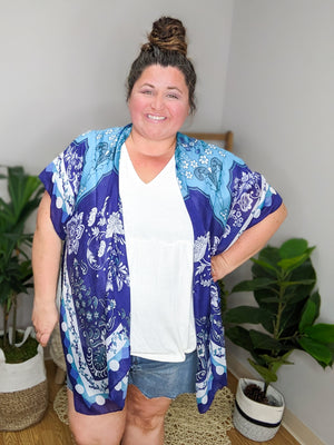 Moonlit Meadows Blue Floral Kimono
