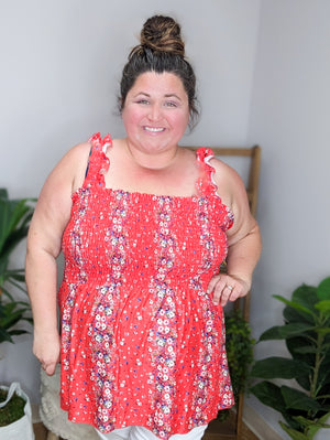Rachel Poppy Red Smocked Floral Tank