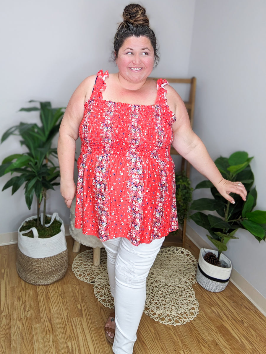 Rachel Poppy Red Smocked Floral Tank
