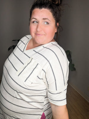 Cream Boyfriend PocketTee w/Black Stripes