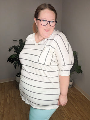 Cream Boyfriend PocketTee w/Black Stripes