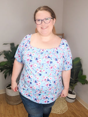 Caribbean Blue Floral Stretch Shoulder Top