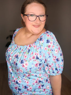 Caribbean Blue Floral Stretch Shoulder Top