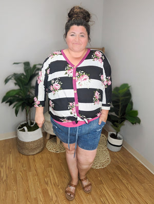 Bands and Blooms Mixed Button Detail Top