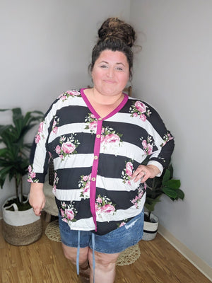 Bands and Blooms Mixed Button Detail Top