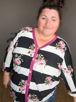 Bands and Blooms Mixed Button Detail Top