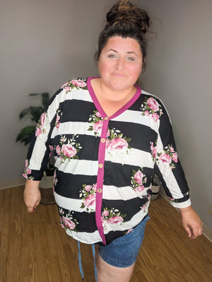 Bands and Blooms Mixed Button Detail Top