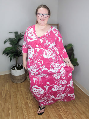SALE- In My Sketchbook Hand Drawn Floral Pink Maxi Dress