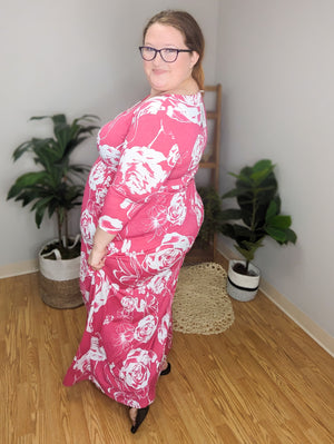 SALE- In My Sketchbook Hand Drawn Floral Pink Maxi Dress