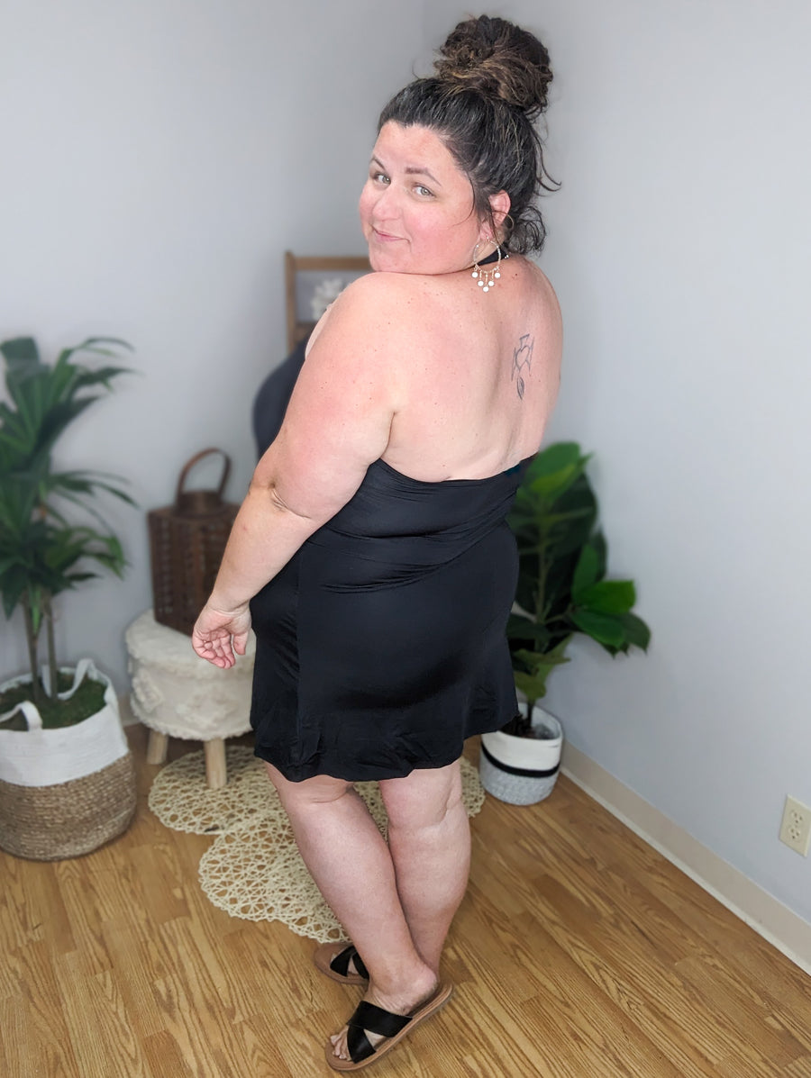 1 PIECE BLACK DRESS STYLE SHORTS SWIMSUIT