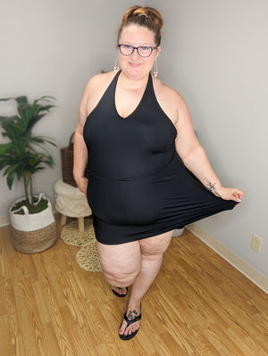 1 PIECE BLACK DRESS STYLE SHORTS SWIMSUIT