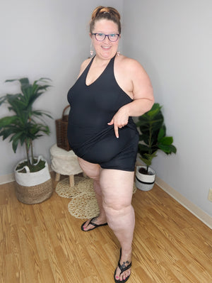 1 PIECE BLACK DRESS STYLE SHORTS SWIMSUIT