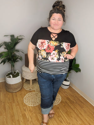 SALE- Down the Block Floral Colorblock Tee