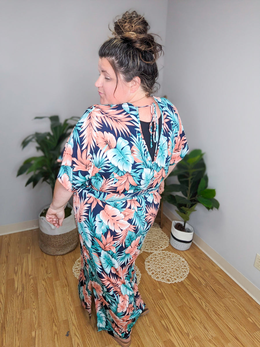 Vacation Please Tropical Print Maxi Dress