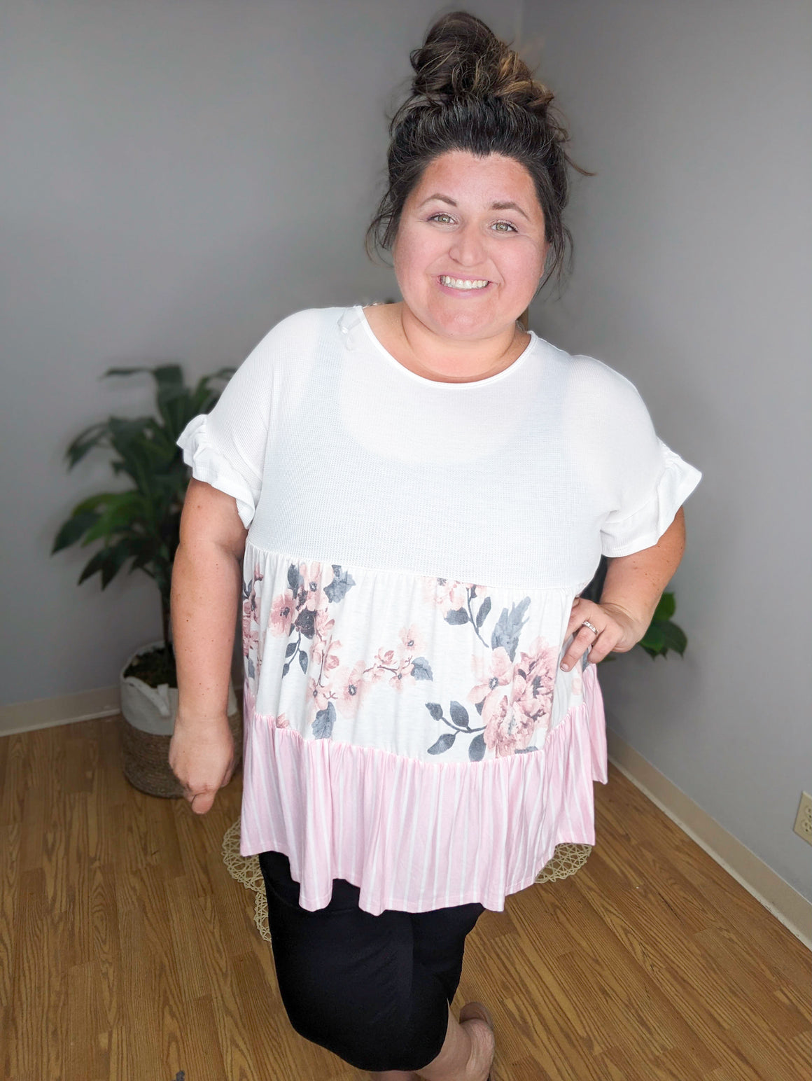 SALE- Blended Babe Stripe + Floral Babydoll Top