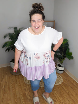 SALE- Blended Babe Stripe + Floral Babydoll Top