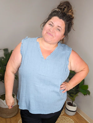 Chambray Cutie Ruffle Hem Linen Tank