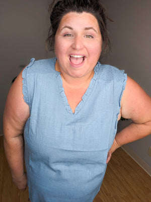 Chambray Cutie Ruffle Hem Linen Tank