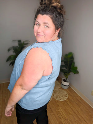 Chambray Cutie Ruffle Hem Linen Tank
