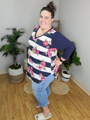SALE- Nautical Blossom Stripe and Floral Raglan Top