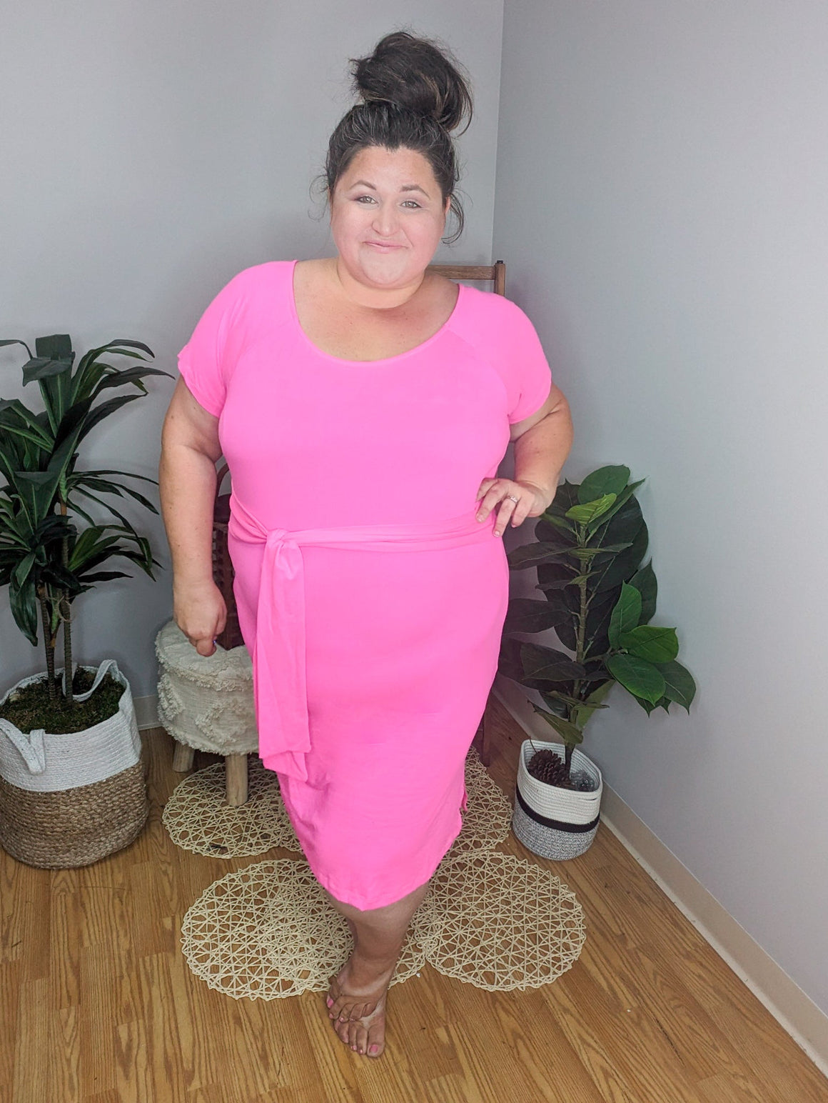 SALE- Tiny Dancer Ballet Neck Tie Front Dress in Hot Pink