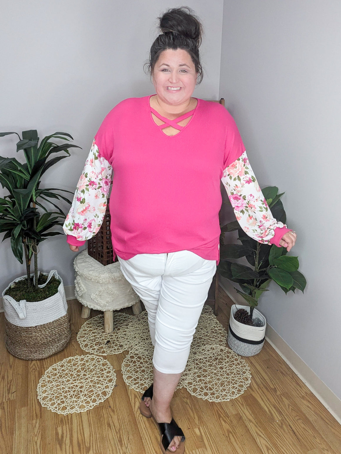 Anna Hot Pink Floral Sleeve Top