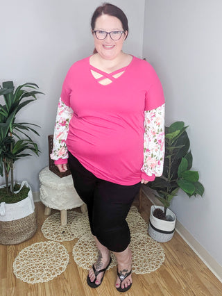 SALE- Anna Hot Pink Floral Sleeve Top