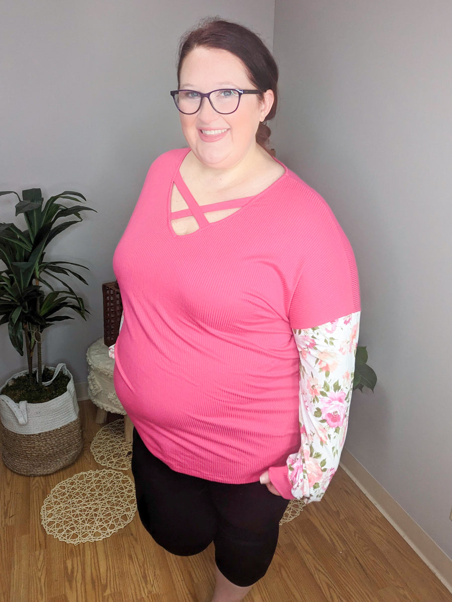 Anna Hot Pink Floral Sleeve Top
