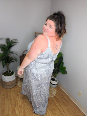 SALE- Botanical Babe Gray Leaf Print Maxi Dress