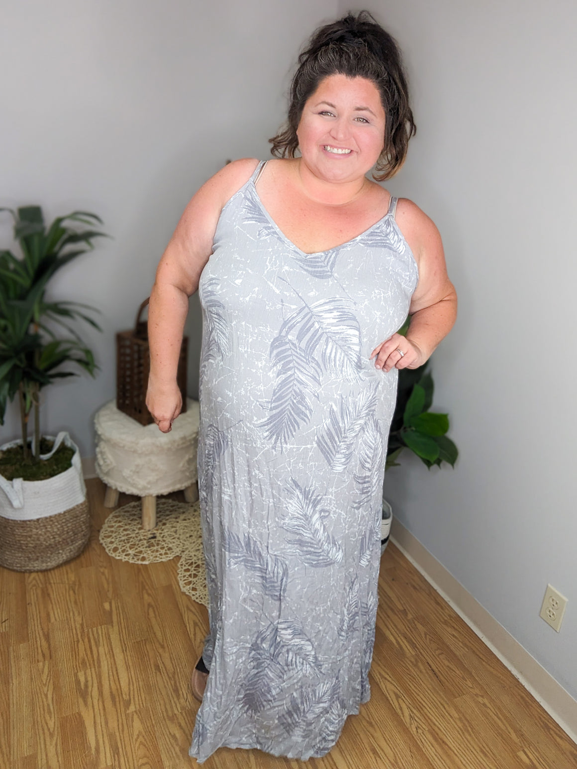 SALE- Botanical Babe Gray Leaf Print Maxi Dress