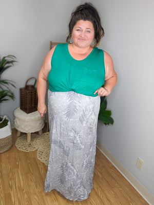 SALE- Botanical Babe Gray Leaf Print Maxi Dress