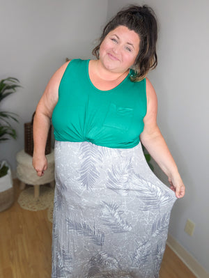 SALE- Botanical Babe Gray Leaf Print Maxi Dress
