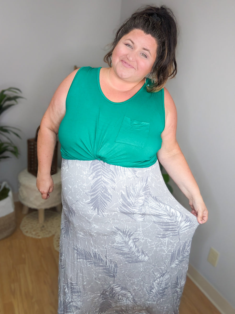 SALE- Botanical Babe Gray Leaf Print Maxi Dress