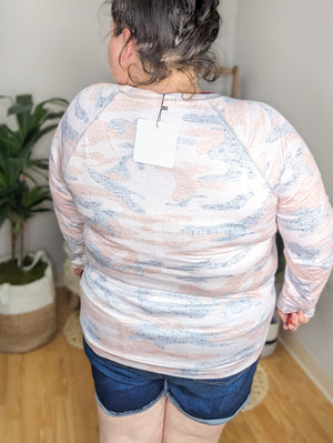 SALE- Camo Abstract Red Blue Long Sleeve Tee