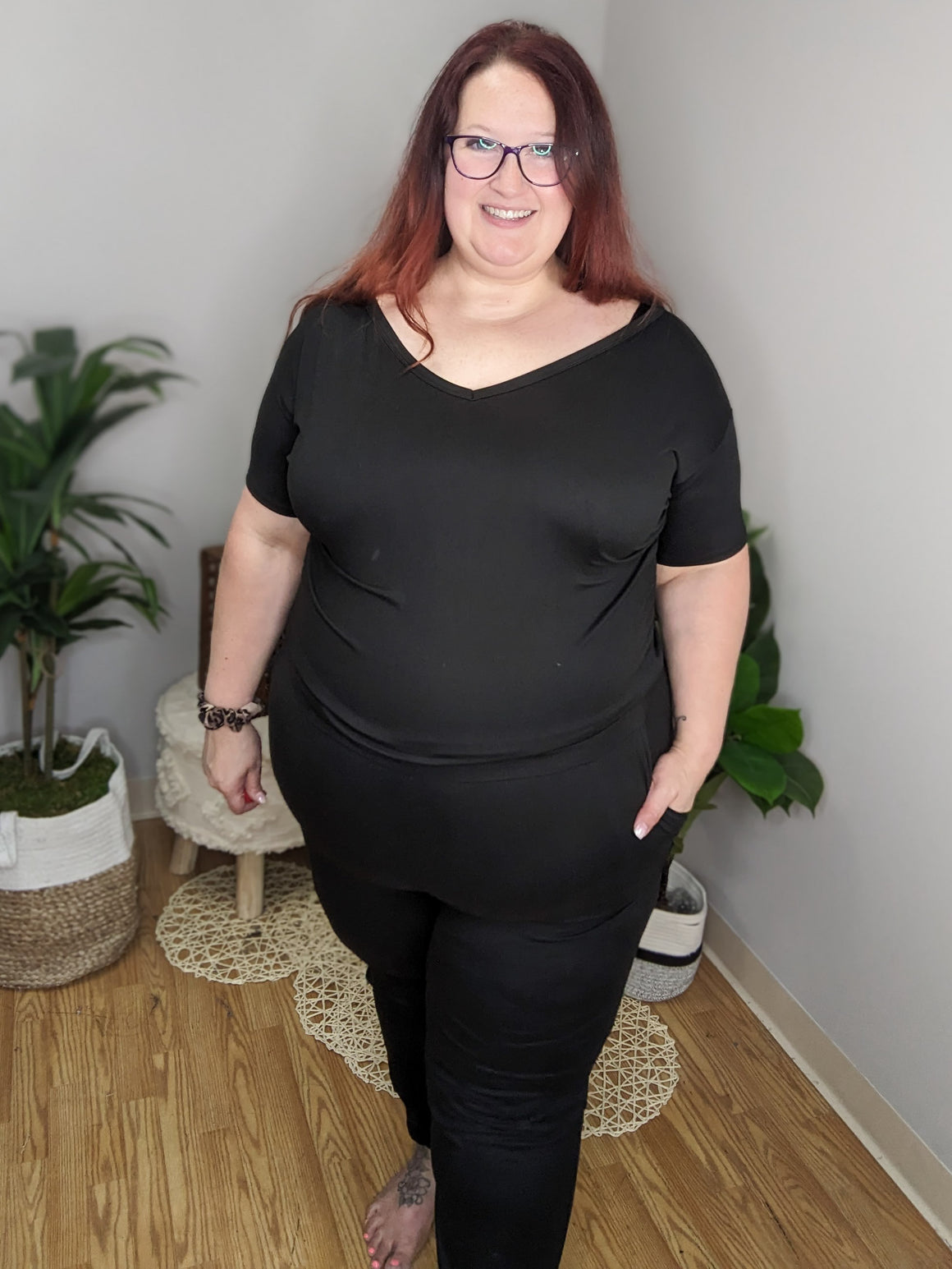 SALE- Valerie Vneck Short Sleeve Black Jogger Jumpsuit