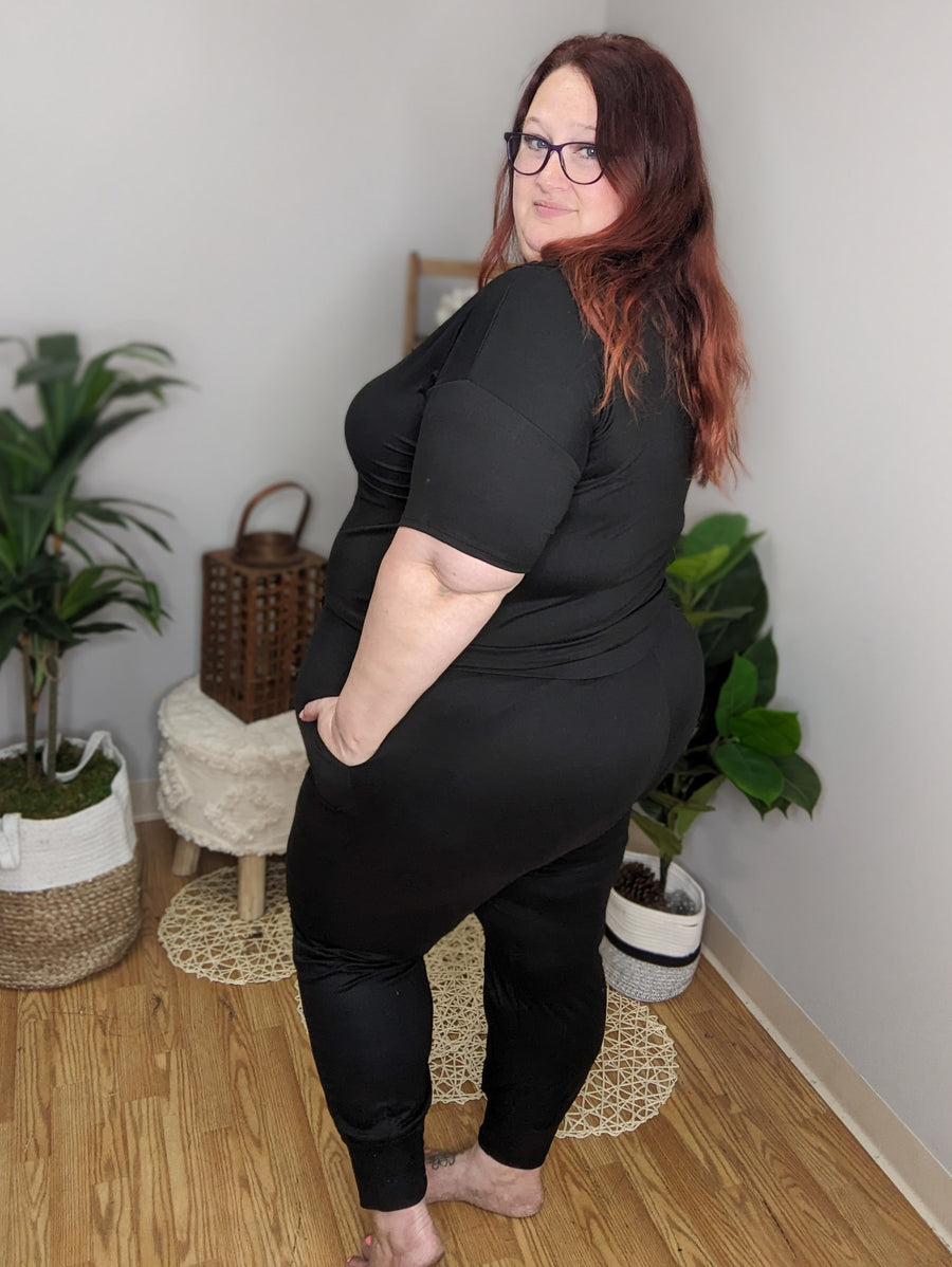 SALE- Valerie Vneck Short Sleeve Black Jogger Jumpsuit