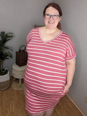 SALE- Victoria Striped Tshirt Dress w/Cuff Sleeve