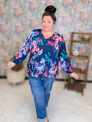 Fern Floral Long Sleeve Slinky Vneck in Navy Mix