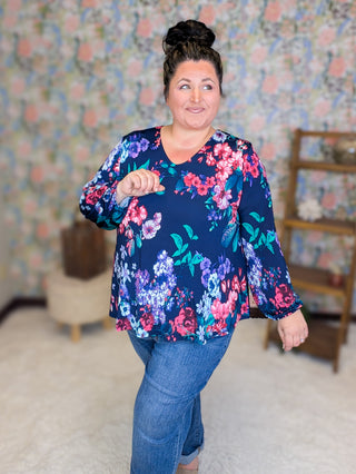 Fern Floral Long Sleeve Slinky Vneck in Navy Mix