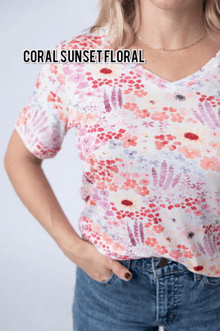 Sophie Vneck Perfect Tee in Spring Florals (4 Colors)-1- ShortSlv/Slvless Tops-MICHELLE MAE-Styled by Stacked - A Plus Size Women's Boutique in Lakeville, MN