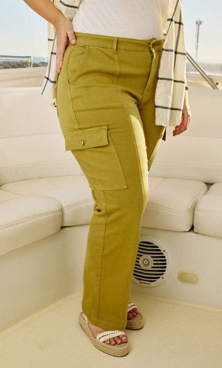 Judy Blue Straight Leg Cargo Jeans in Matcha-9- Bottoms Denim-Judy Blue-Styled by Stacked - A Plus Size Women's Boutique in Lakeville, MN