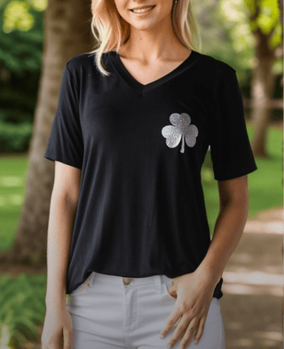 Aoife Vneck Tee w/Small Sparkle Clover-6- Graphic Tops-HEIMISH-Styled by Stacked - A Plus Size Women's Boutique in Lakeville, MN