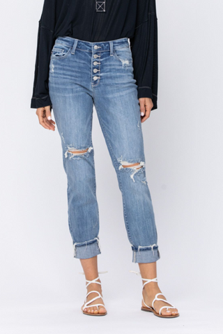 Judy Blue Distressed Buttonfly Slim Boyfriend Jeans