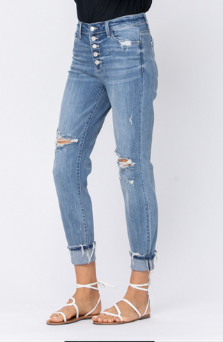 Judy Blue Distressed Buttonfly Slim Boyfriend Jeans
