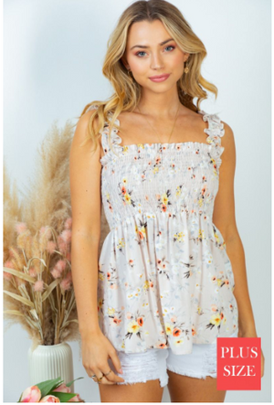 JoJo Taupe Floral Ruched Tank Top