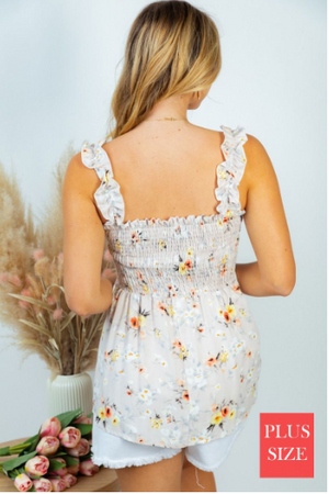 JoJo Taupe Floral Ruched Tank Top