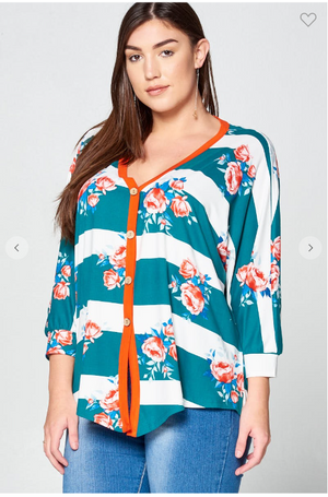 Bands and Blooms Mixed Button Detail Top