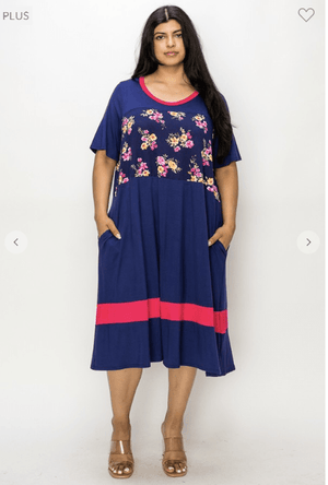 Preppy Pink and Navy Floral Midi Dress