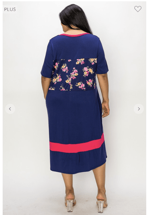 Preppy Pink and Navy Floral Midi Dress